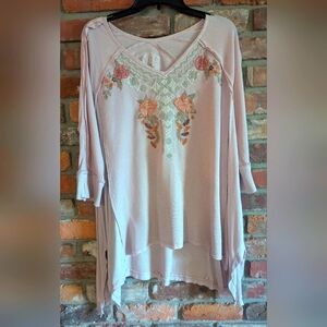 Caite Embroidered Pink V-Neck Top